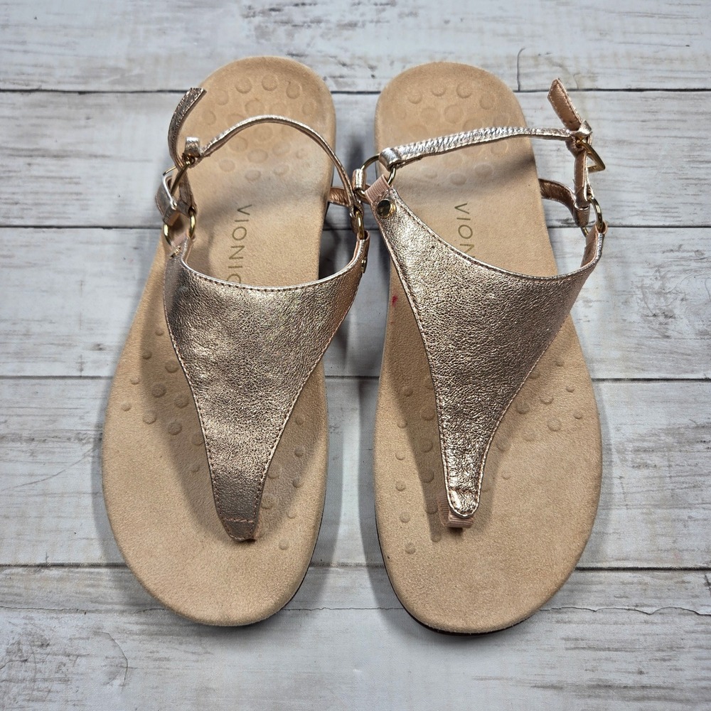 Vionic Kirra Metallic Leather Thong Sandal Women 11 Rose Gold Buckle Backstrap